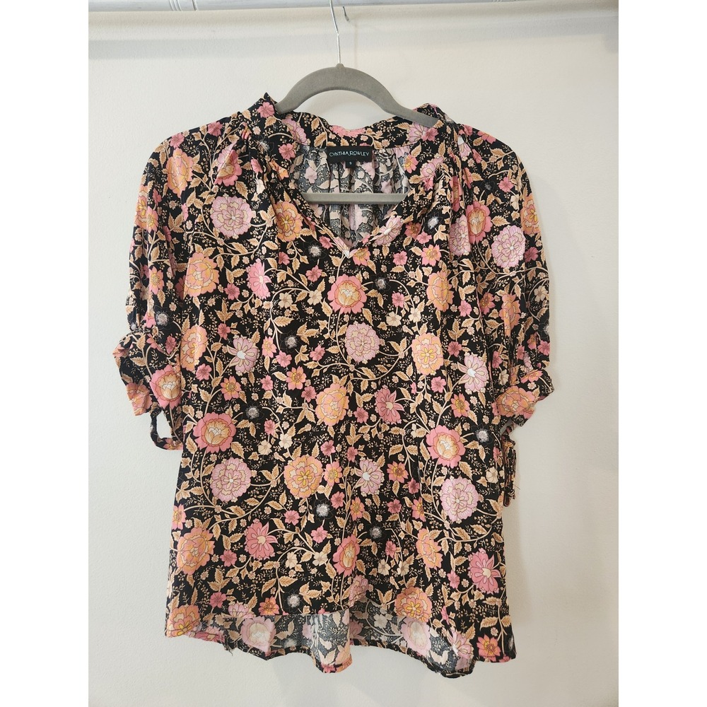 Cynthia Rowley Moody Floral V Neck Tie Sleeve Blouse Top Women Size‎ S